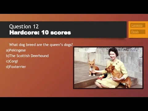 Question 12 Hardcore: 10 scores What dog breed are the queen’s