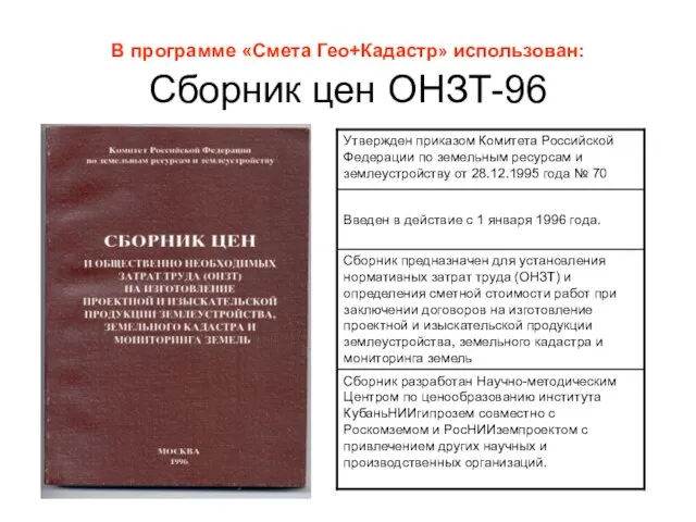 В программе «Смета Гео+Кадастр» использован: Сборник цен ОНЗТ-96