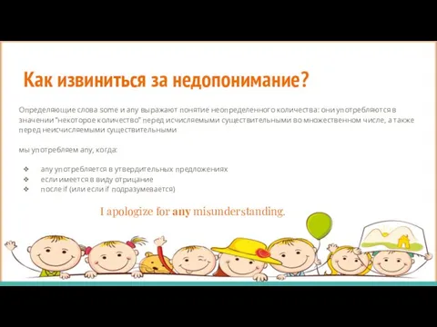 Как извиниться за недопонимание? Определяющие слова some и any выражают понятие