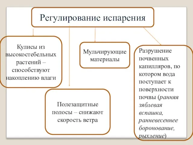 Регулирование испарения Разрушение почвенных капилляров, по котором вода поступает к поверхности