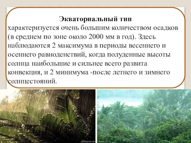 Экваториальный тип характеризуется очень большим количеством осадков (в среднем по зоне