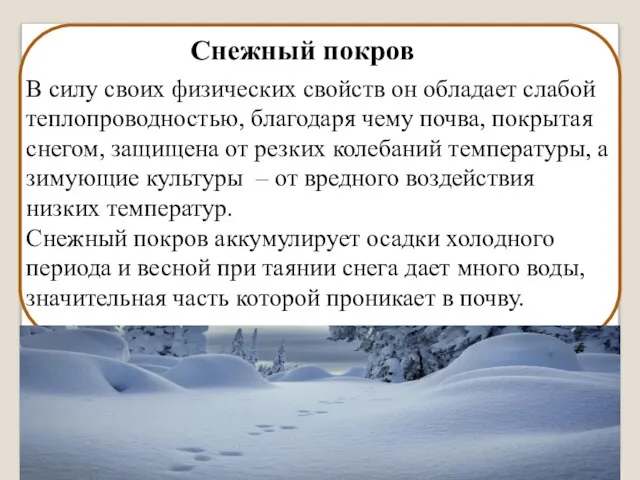 Снежный покров В силу своих физических свойств он обладает слабой теплопроводностью,