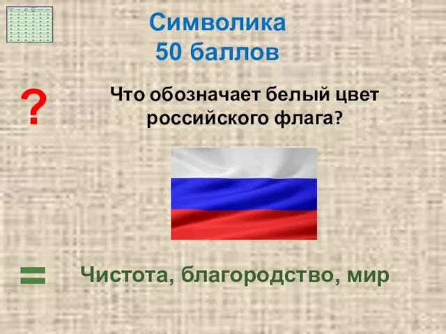 = Чистота, благородство, мир ? Что обозначает белый цвет российского флага? Символика 50 баллов