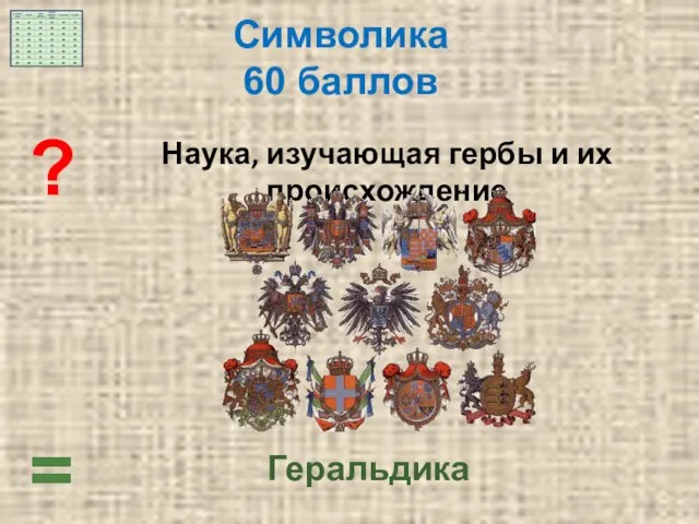 = Геральдика ? Наука, изучающая гербы и их происхождение Символика 60 баллов