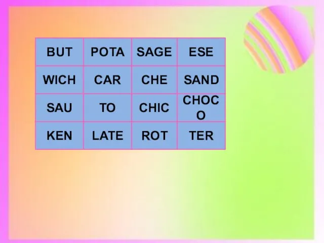 BUT POTA SAGE ESE WICH SAU KEN CAR LATE TO CHE ROT CHIC SAND TER CHOCO