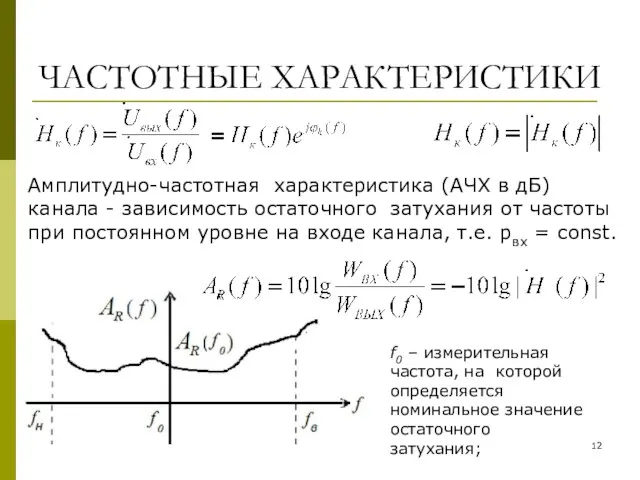 ЧАСТОТНЫЕ ХАРАКТЕРИСТИКИ Амплитудно-частотная характеристика (АЧХ в дБ) канала - зависимость остаточного