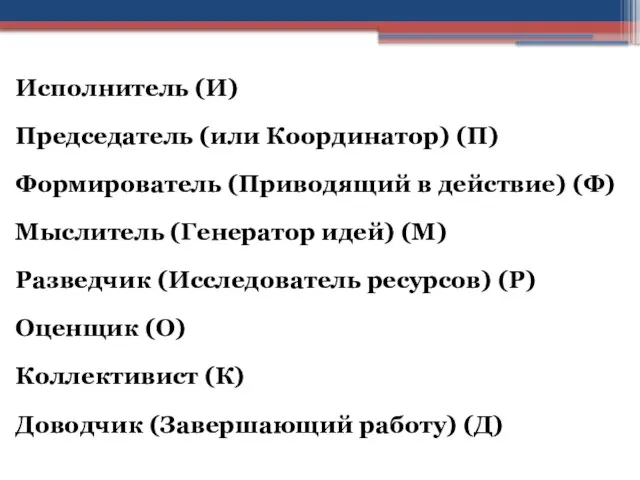 Исполнитель (И) Председатель (или Координатор) (П) Формирователь (Приводящий в действие) (Ф)