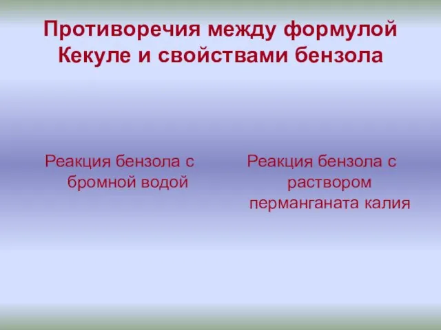 Противоречия между формулой Кекуле и свойствами бензола Реакция бензола с бромной