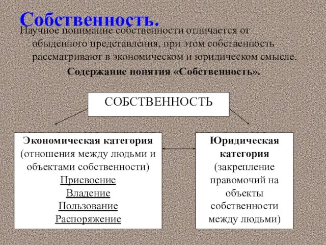 Собственность. Научное понимание собственности отличается от обыденного представления, при этом собственность