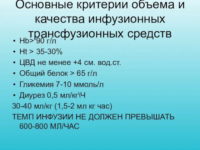 Основные критерии объема и качества инфузионных трансфузионных средств Нb> 90 г/л