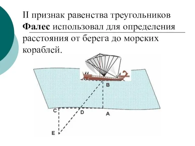II признак равенства треугольников Фалес использовал для определения расстояния от берега до морских кораблей.