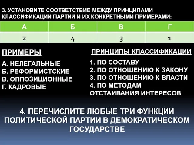 3. УСТАНОВИТЕ СООТВЕТСТВИЕ МЕЖДУ ПРИНЦИПАМИ КЛАССИФИКАЦИИ ПАРТИЙ И ИХ КОНКРЕТНЫМИ ПРИМЕРАМИ: