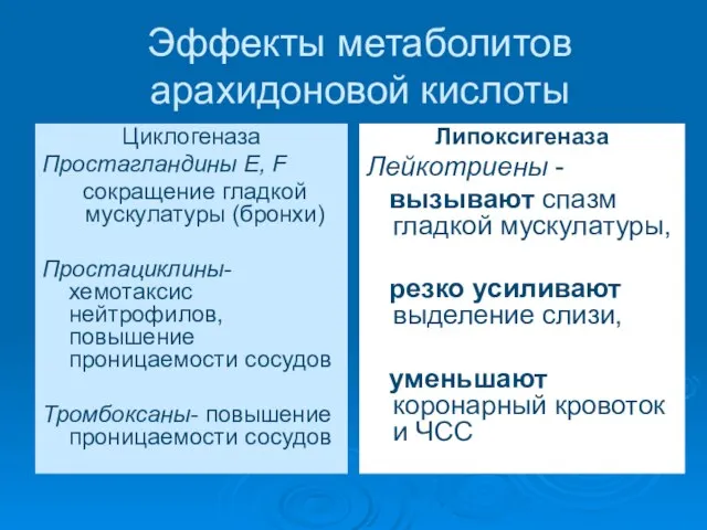 Эффекты метаболитов арахидоновой кислоты Циклогеназа Простагландины Е, F сокращение гладкой мускулатуры