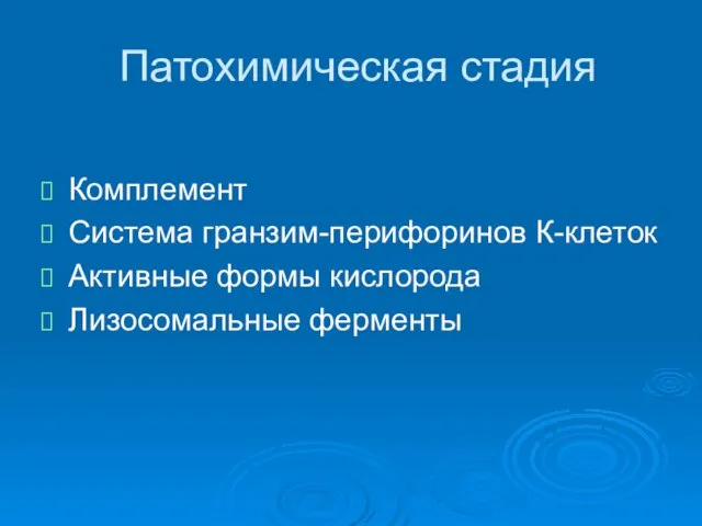 Патохимическая стадия Комплемент Система гранзим-перифоринов К-клеток Активные формы кислорода Лизосомальные ферменты