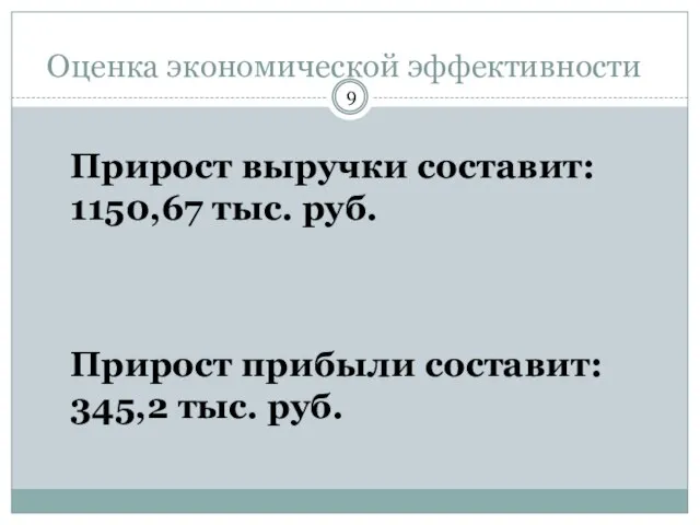 Оценка экономической эффективности Прирост выручки составит: 1150,67 тыс. руб. Прирост прибыли составит: 345,2 тыс. руб.