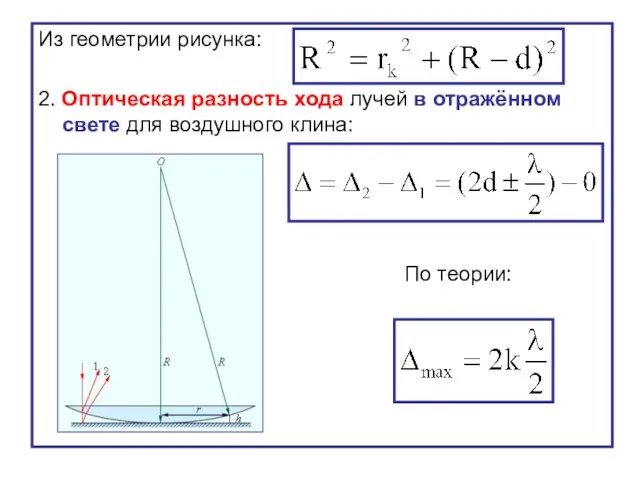 Из геометрии рисунка: 2. Оптическая разность хода лучей в отражённом свете для воздушного клина: По теории: