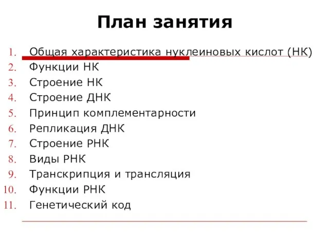 План занятия Общая характеристика нуклеиновых кислот (НК) Функции НК Строение НК