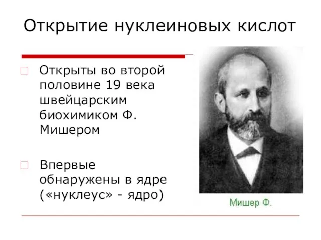 Открытие нуклеиновых кислот Открыты во второй половине 19 века швейцарским биохимиком