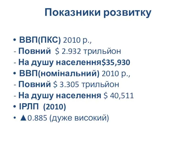 Показники розвитку ВВП(ПКС) 2010 р., - Повний $ 2.932 трильйон -