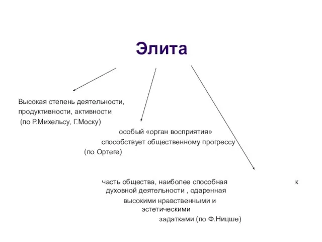 Элита Высокая степень деятельности, продуктивности, активности (по Р.Михельсу, Г.Моску) особый «орган