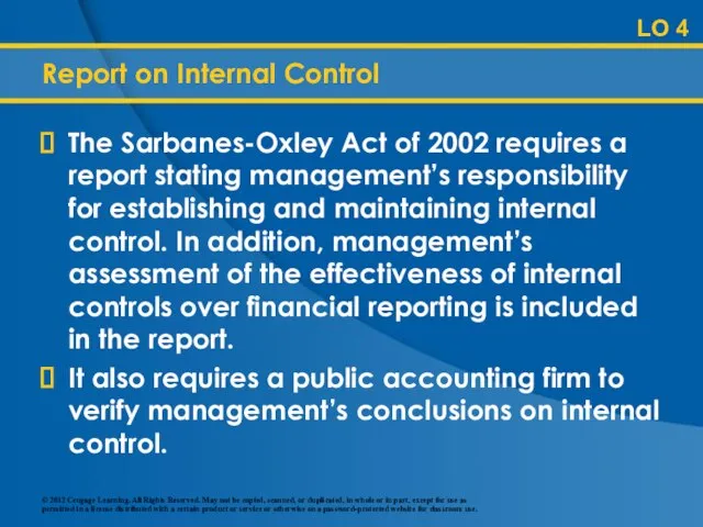 Report on Internal Control The Sarbanes-Oxley Act of 2002 requires a