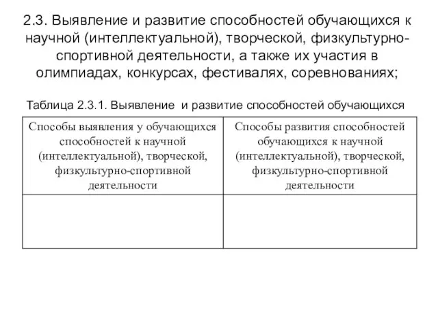 2.3. Выявление и развитие способностей обучающихся к научной (интеллектуальной), творческой, физкультурно-спортивной