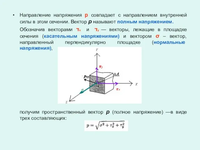 Направление напряжения p совпадает с направлением внутренней силы в этом сечении.