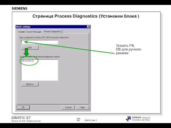 Указать FB, DB для ручного режима Страница Process Diagnostics (Установки блока )