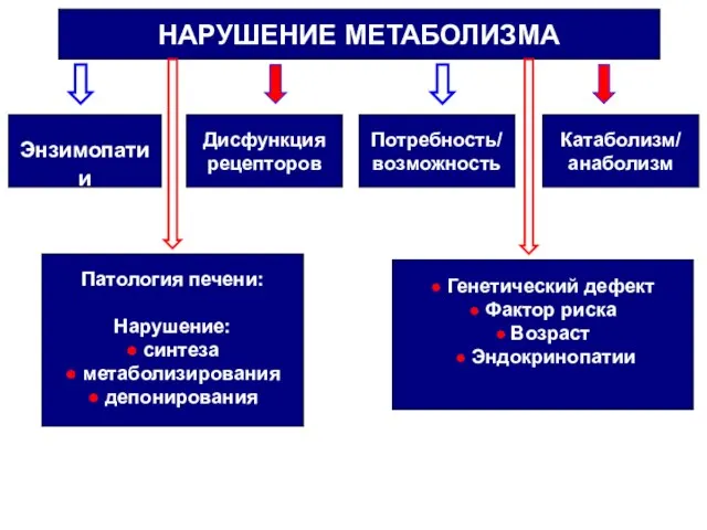 НАРУШЕНИЕ МЕТАБОЛИЗМА Энзимопатии Дисфункция рецепторов Потребность/ возможность Катаболизм/ анаболизм Патология печени: