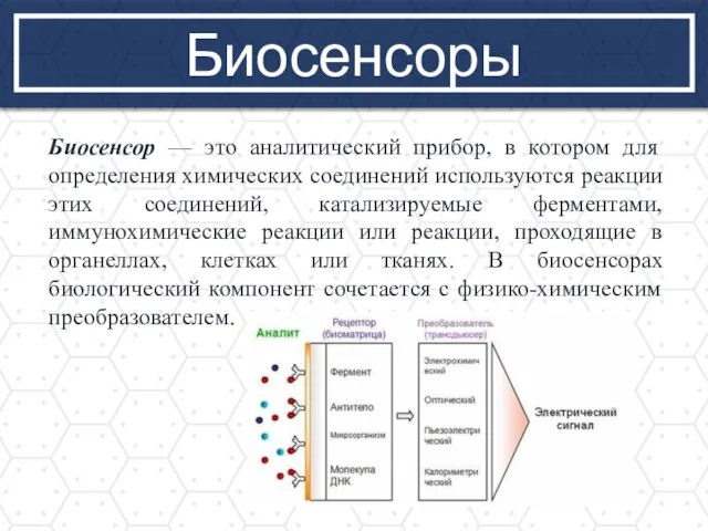 Биосенсоры Биосенсор — это аналитический прибор, в котором для определения химических