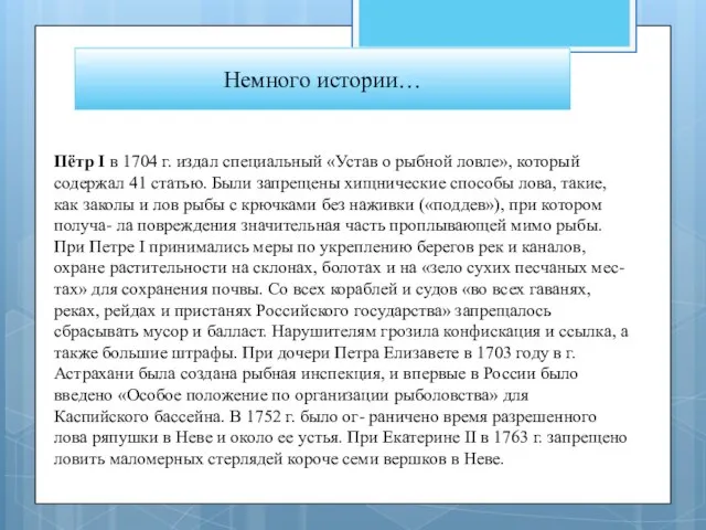 Пётр I в 1704 г. издал специальный «Устав о рыбной ловле»,