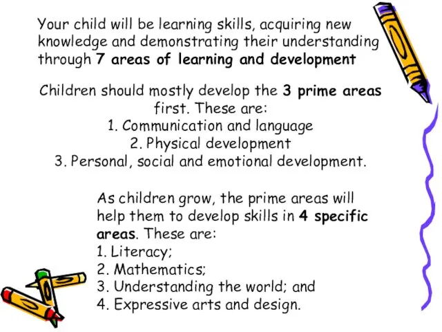 Children should mostly develop the 3 prime areas first. These are: