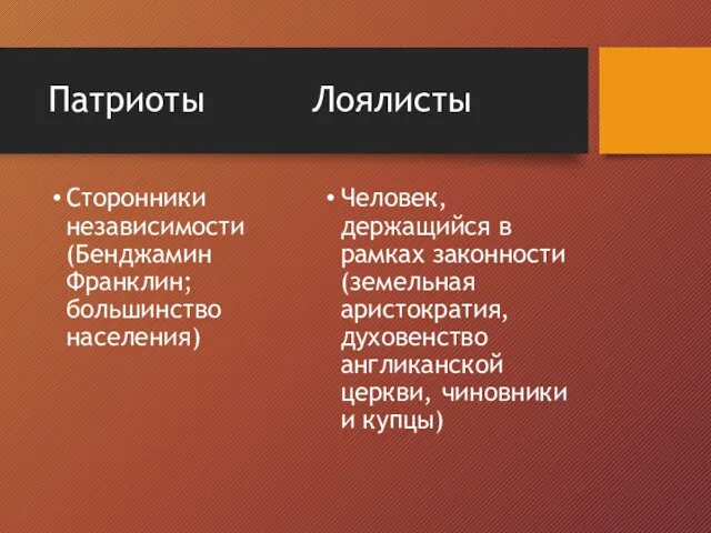 Патриоты Лоялисты Сторонники независимости (Бенджамин Франклин; большинство населения) Человек, держащийся в