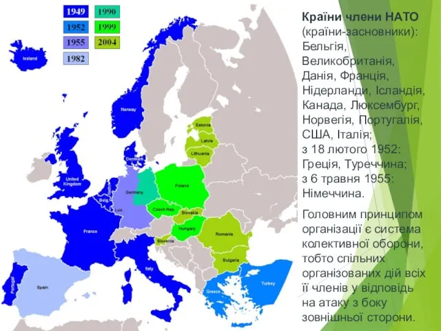 Країни члени НАТО (країни-засновники): Бельгія, Великобританія, Данія, Франція, Нідерланди, Ісландія, Канада,