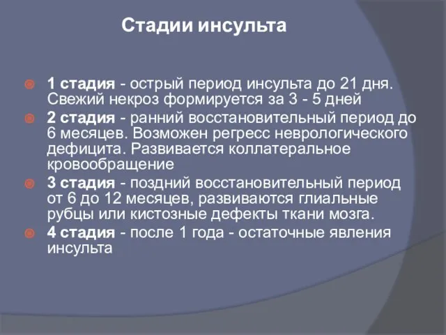 Стадии инсульта 1 стадия - острый период инсульта до 21 дня.