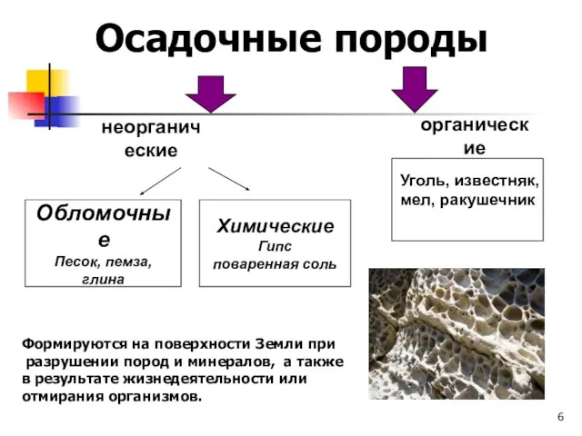 неорганические органические Обломочные Песок, пемза, глина Химические Гипс поваренная соль Уголь,