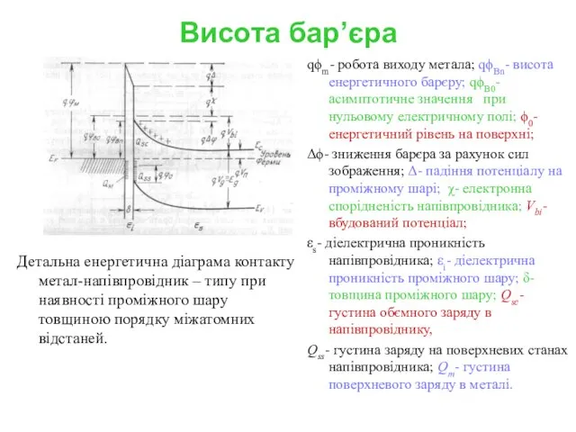 Висота бар’єра Детальна енергетична діаграма контакту метал-напівпровідник – типу при наявності