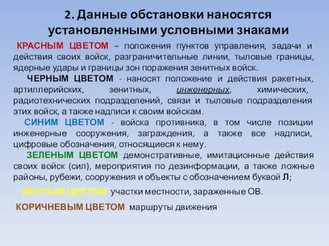 2. Данные обстановки наносятся установленными условными знаками КРАСНЫМ ЦВЕТОМ – положения