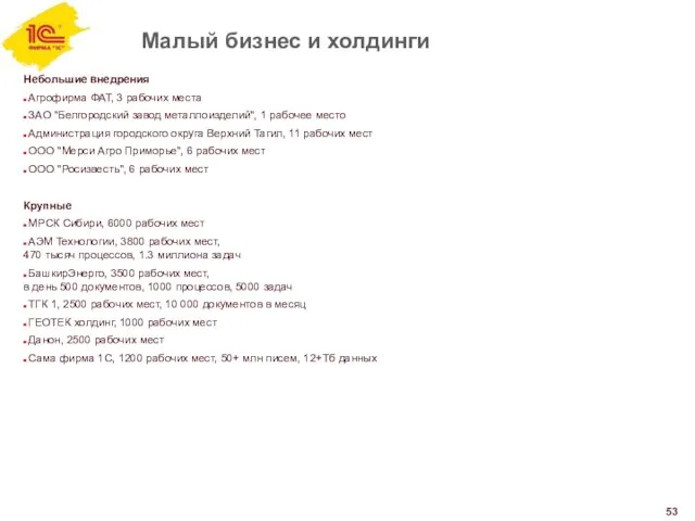 Малый бизнес и холдинги Небольшие внедрения Агрофирма ФАТ, 3 рабочих места