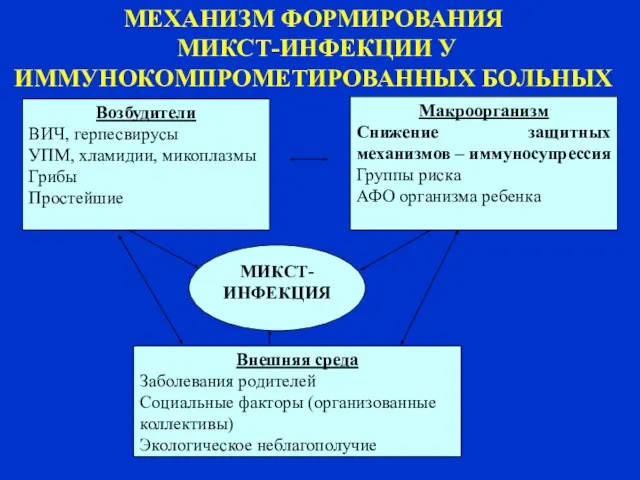 МЕХАНИЗМ ФОРМИРОВАНИЯ МИКСТ-ИНФЕКЦИИ У ИММУНОКОМПРОМЕТИРОВАННЫХ БОЛЬНЫХ Возбудители ВИЧ, герпесвирусы УПМ, хламидии,