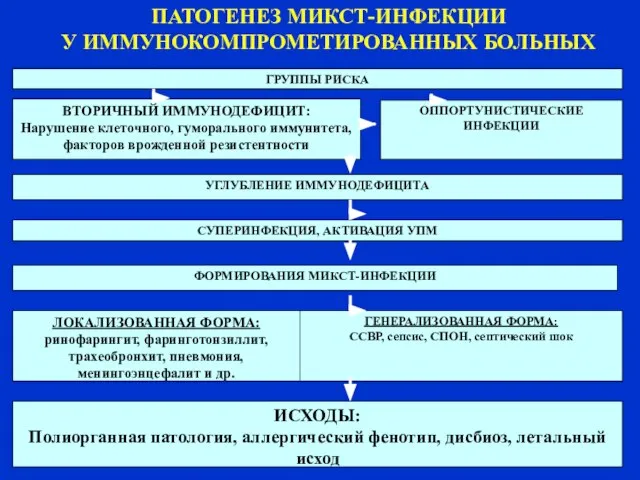 ПАТОГЕНЕЗ МИКСТ-ИНФЕКЦИИ У ИММУНОКОМПРОМЕТИРОВАННЫХ БОЛЬНЫХ ГРУППЫ РИСКА ВТОРИЧНЫЙ ИММУНОДЕФИЦИТ: Нарушение клеточного,