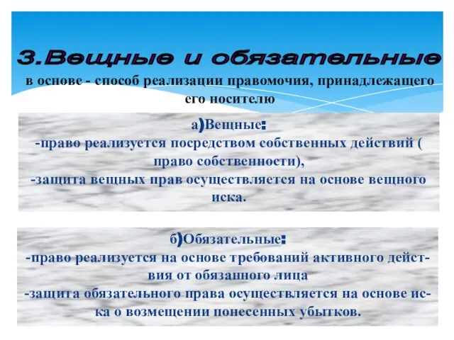 3.Вещные и обязательные а)Вещные: -право реализуется посредством собственных действий ( право