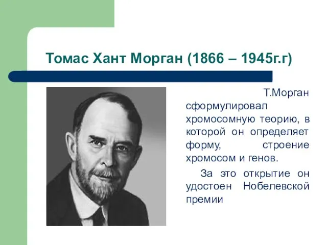 Томас Хант Морган (1866 – 1945г.г) Т.Морган сформулировал хромосомную теорию, в