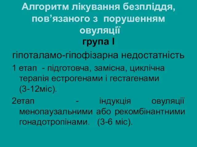 Алгоритм лікування безпліддя, пов’язаного з порушенням овуляції група І гіпоталамо-гіпофізарна недостатність