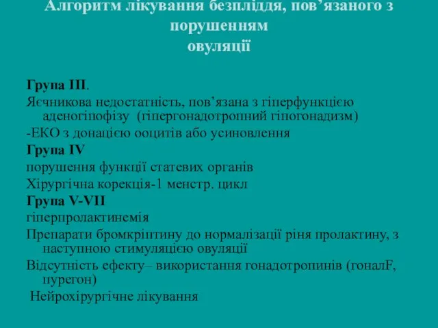 Алгоритм лікування безпліддя, пов’язаного з порушенням овуляції Група ІІІ. Яєчникова недостатність,