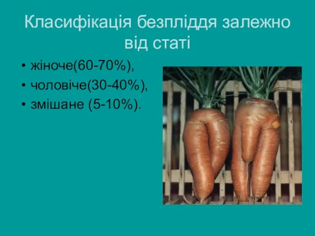 Класифікація безпліддя залежно від статі жіноче(60-70%), чоловіче(30-40%), змішане (5-10%).