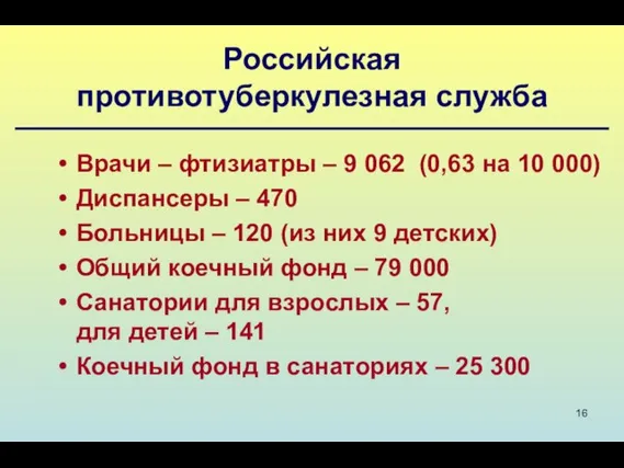 Российская противотуберкулезная служба Врачи – фтизиатры – 9 062 (0,63 на