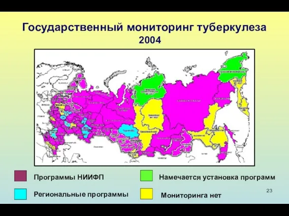 Государственный мониторинг туберкулеза 2004 Мониторинга нет Региональные программы Намечается установка программ Программы НИИФП