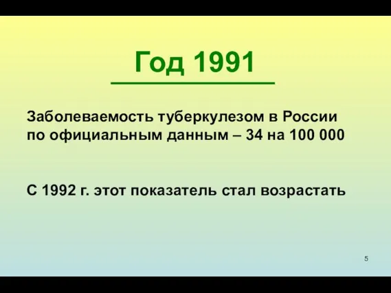 Год 1991 Заболеваемость туберкулезом в России по официальным данным – 34