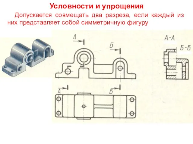 Условности и упрощения Допускается совмещать два разреза, если каждый из них представляет собой симметричную фигуру